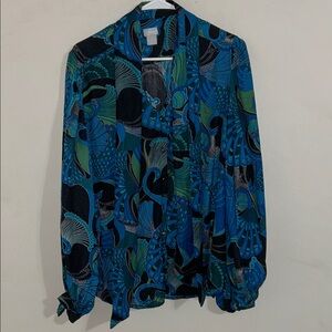 Chicos Peacock Print Long Bubble Sleeve Bloust Button Front Tie Neck 3 16/18